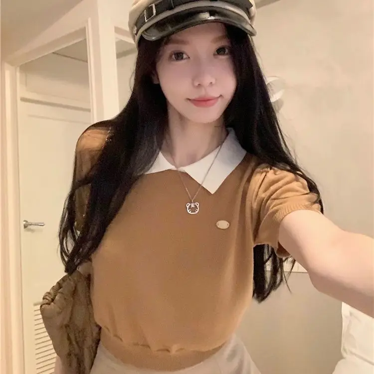 Новинка 2024 женская футболка-поло с высокой талией и коротким рукавом приталенное