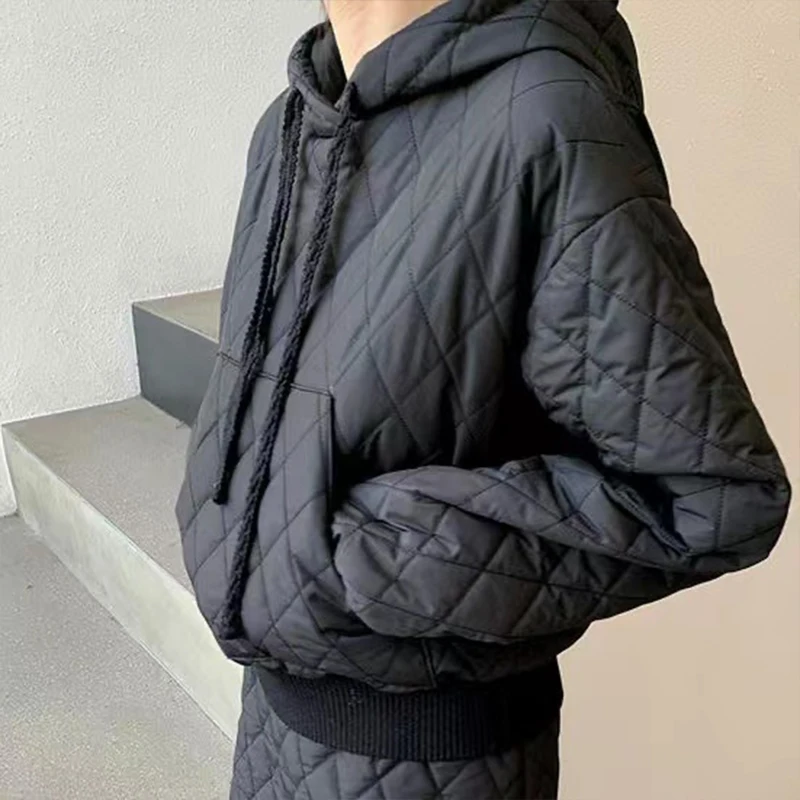 Autumn and Winter Fashion Lingge Hooded Cotton Dress Suit A-line Cotton Skirt Warm Hooded Cotton Top Two-piece Set