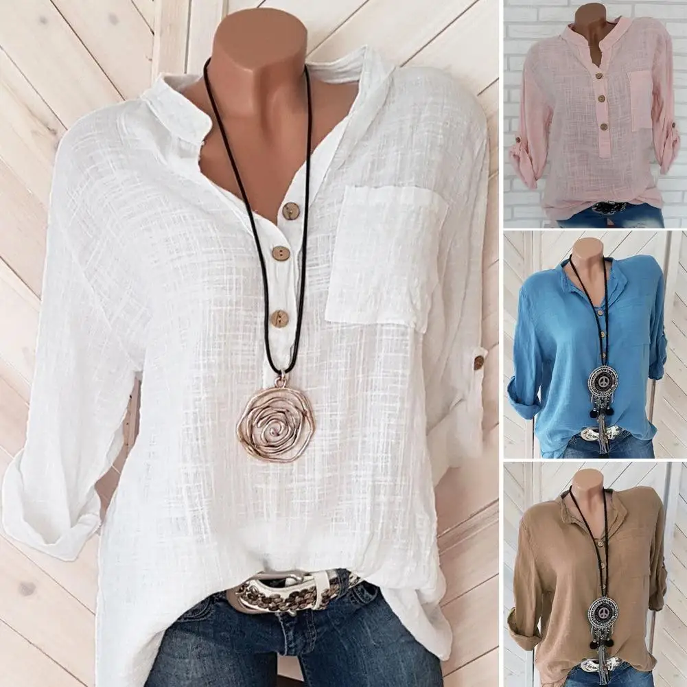 

Retro Solid Color Long Sleeve Pullover Blouse Sleeves Button Half Placket Simple Top Stand Collar Pleated Autumn Shirt For Work