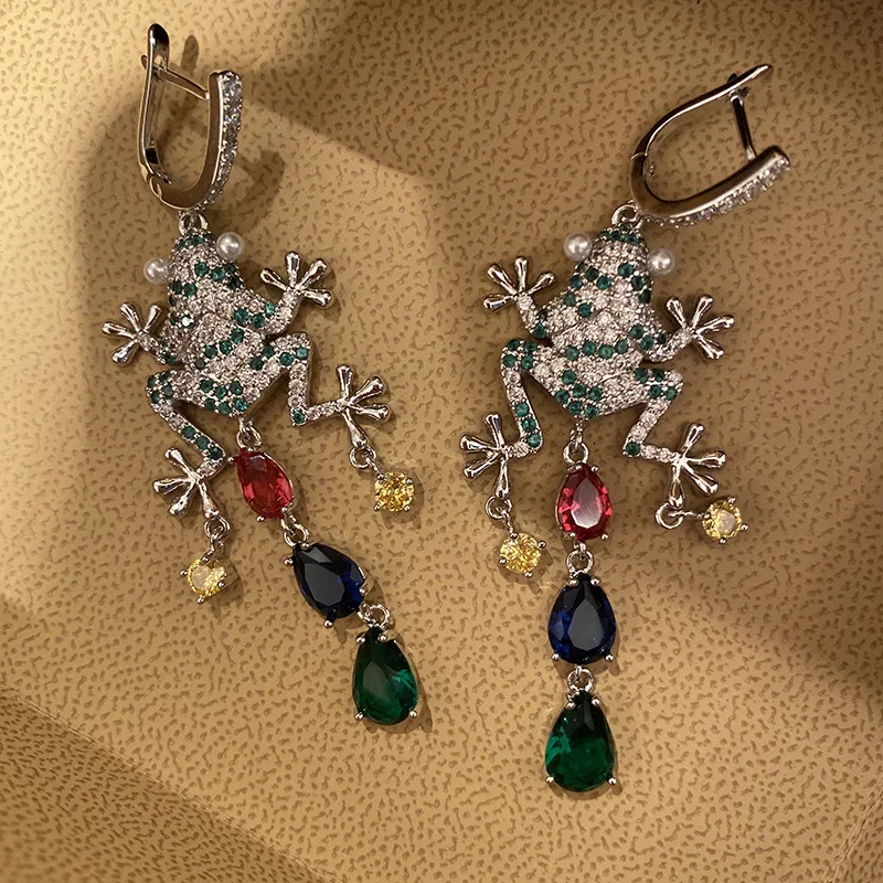 

Colorful zircon fringe long earrings earrings frog fairy earrings