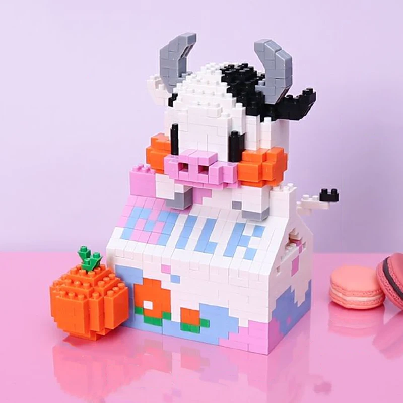 

SC 8808-09 Spring Festival Ox Year Blocks Orange Milk Fruit Kawaii Cow Pet Animal Mini Diamond Building Bricks Toys for Children