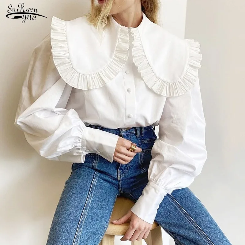 

Элегантная офисная Дамская рубашка на пуговицах, Весенняя блузка с воротником «Питер Пэн» и оборками для женщин, белые хлопковые повседнев...