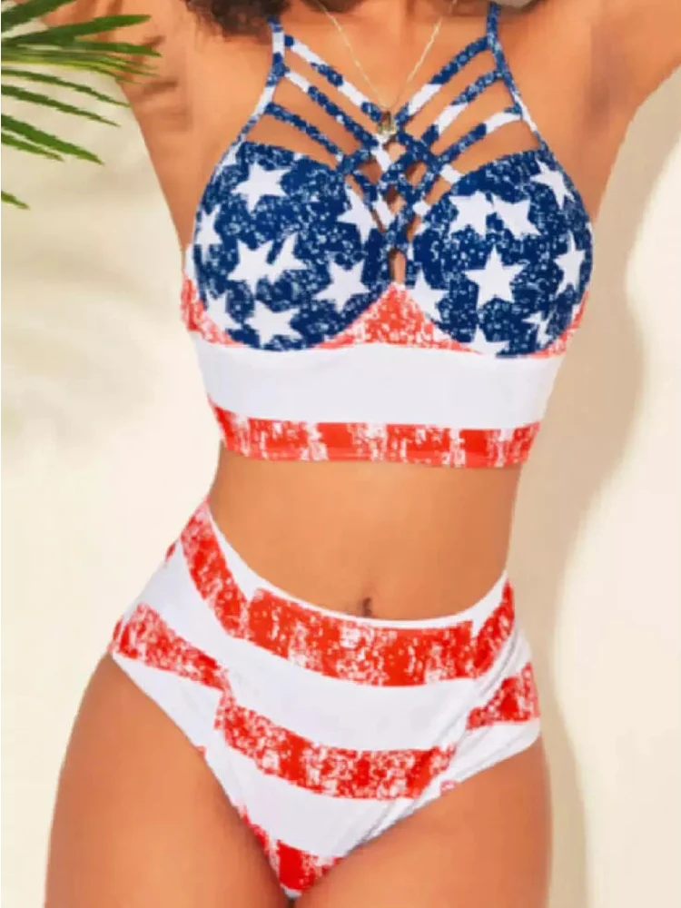 

New Sexy American Flag Star Criss-Cross Bikini Set Bikini Swimwear Women Bikini 2022 Woman Swimsuits Women Bikinis Set