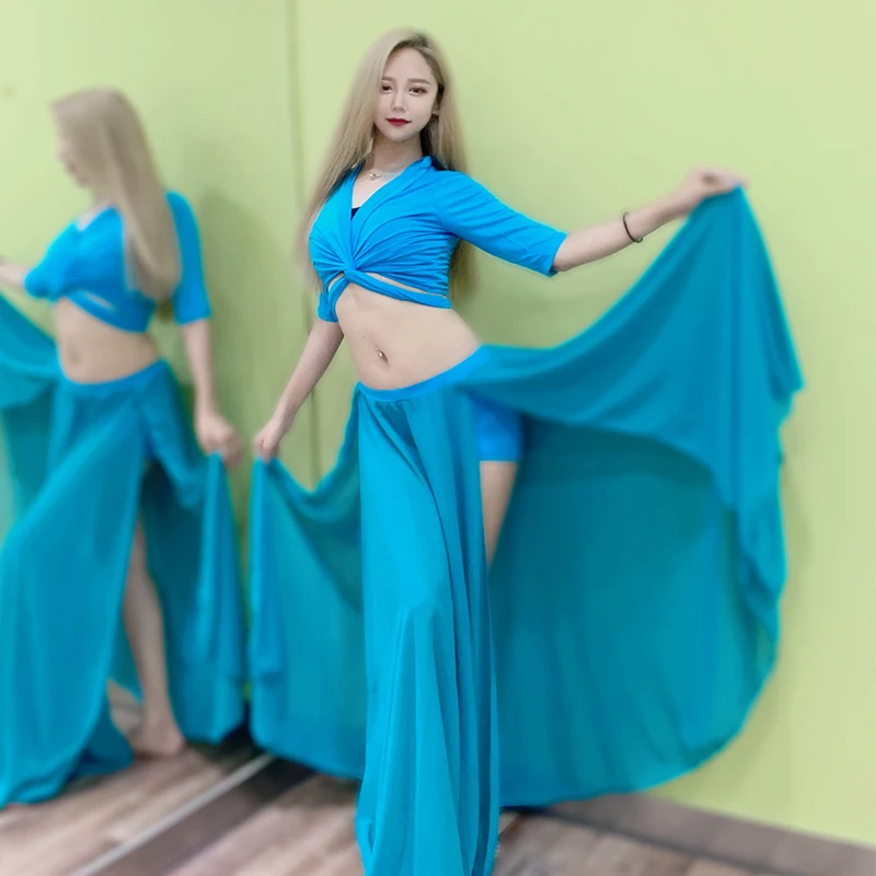 

Belly Dance Practice Clothes 2022 New Sexy Mesh Open Back Long-Sleeved Fringed Skirt Beginner Master Modal Belly Dance Suit Sexy