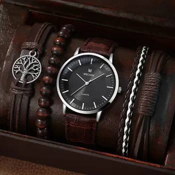 5pcs Brown Silver Quartz Watch Leather Bracelet For Men Round Watch Brown PU Leather Life Tree Bracelet Watch Set 1