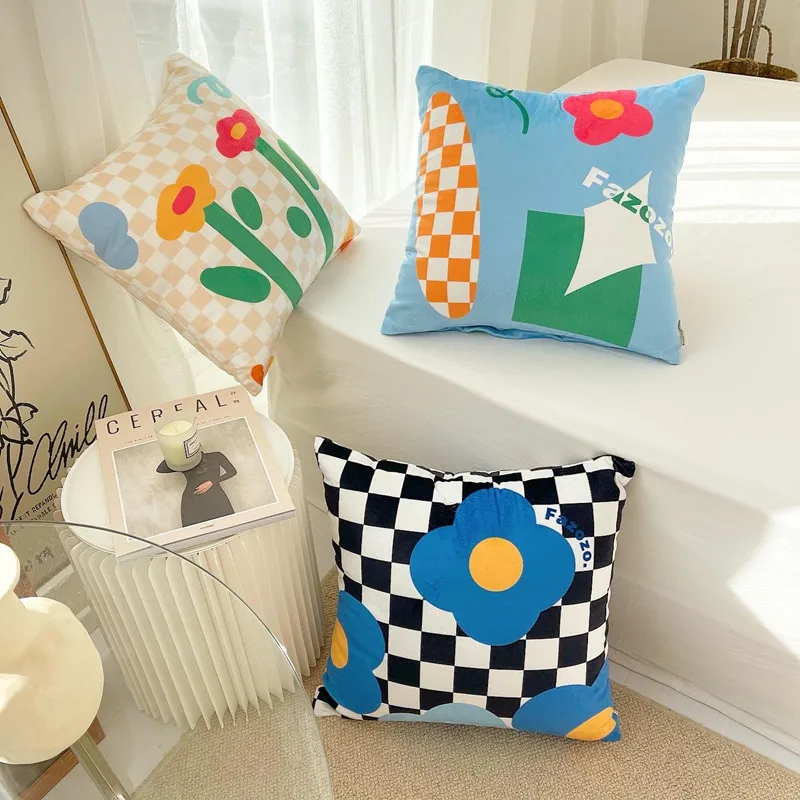

Cuteinto Ins Cartoon 45x45cm Plaid Flower Pillow Cover Garden Soft Fabric Printing Cushions Room Decorative Pillowcase For Sofa