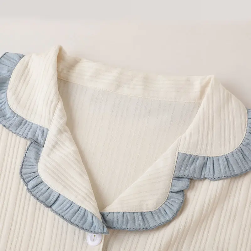 QWEEK Pajamas for Women Cotton Solid Color Heart Embroidery Pijamas Lapel Ruffle Sleeves Sleepwear Home Clothes Pyjamas Pocket