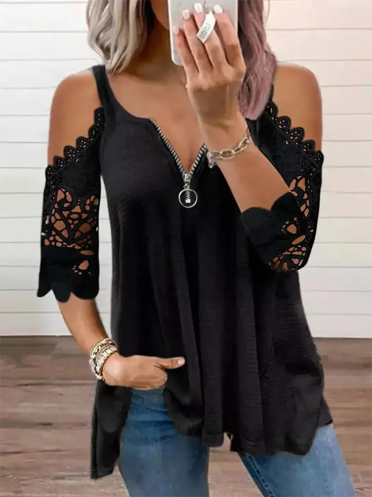 

Short Sleeve T-shirts Women Round Neck Lace Sleeve Dropped Shoulder Ring Zip Top Tee Shirts Casual Loose Fashion Clothes