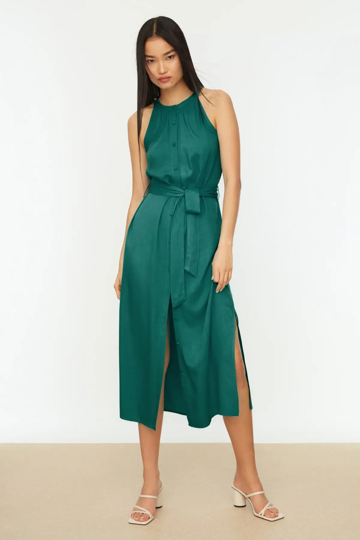 

Emerald Green Belted Midi Woven Shirt Dress TWOSS19XM0112 Regular Zero Sleeve Cool & Comfort Standard Straight Weightlifting
