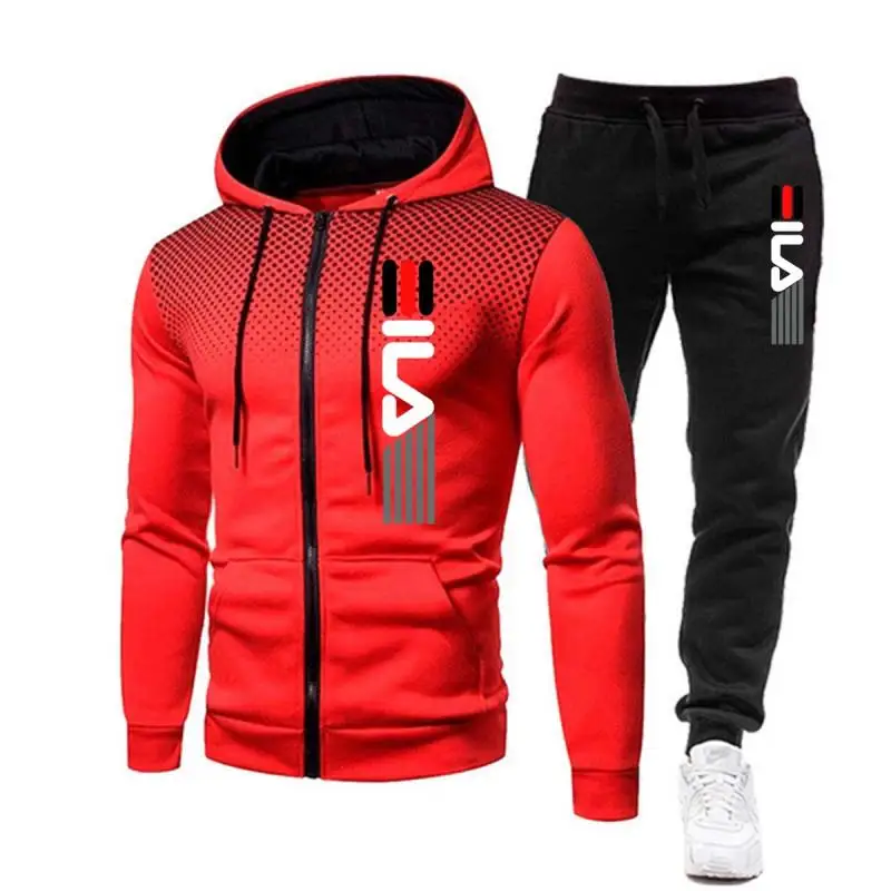 Fashion Print Tracksuit for Men Zipper Hooded Sweatshirt and Sweatpants Two Pieces Suits Male Casual Fitness Jogging Sports Sets