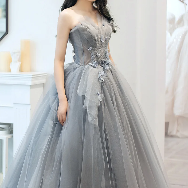 

GUXQD A Line Strapless Women Evening Dresses With Flowers Pleat Prom Party Gowns Tulle Princess Dress Vestido De Fiesta