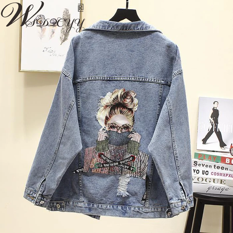 

Women Print Frayed Beading Denim Jacket 2023 Korean Fashion Long Sleeve Harajuku Coat Plus Size Turn Down Collar Jean Outwear