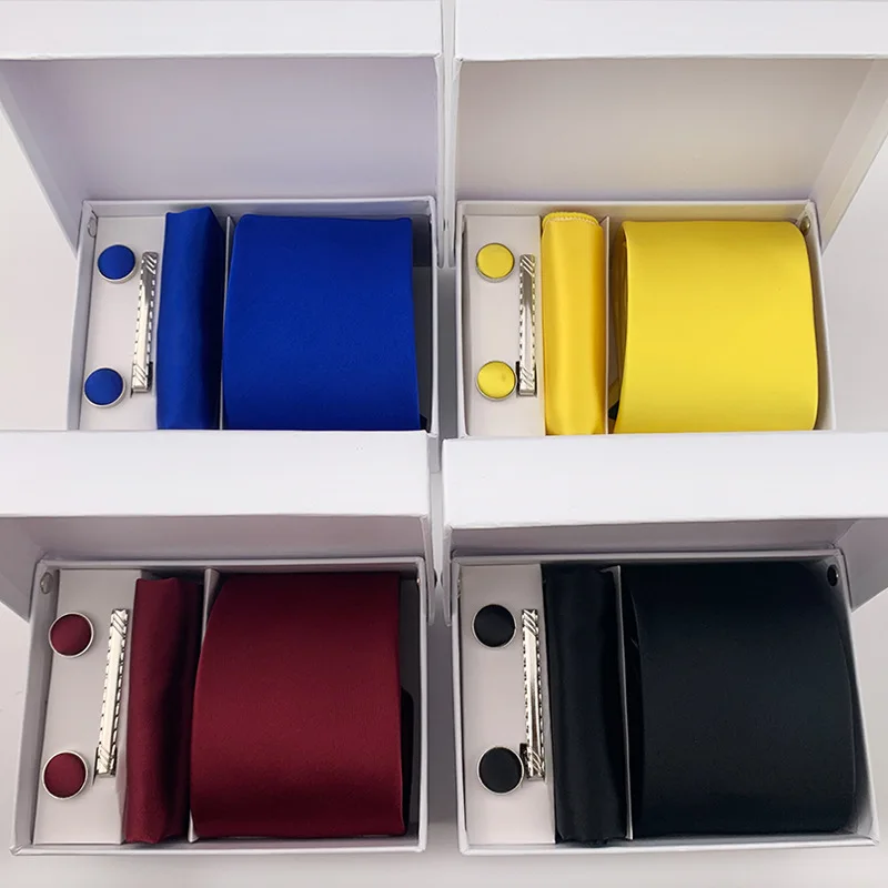 For Men Wine Yellow Blue Solid Polyester Necktie Pocket Square Clip Cufflinks Handkerchief Wholesale