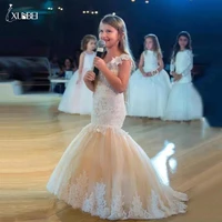 2022 new princess lace beaded floor length champagne flower girl dresses appliques girls pageant dress first communion dresses