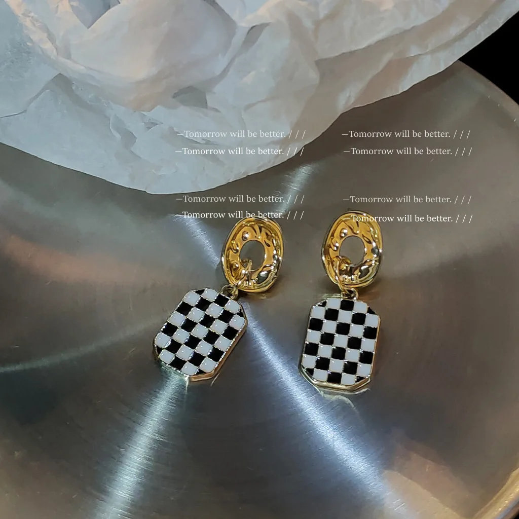 

Black White Dangle Earrings Checkerboard Hollow Metal S925 Silver Needle Stainless Steel Modern Earrings for Women