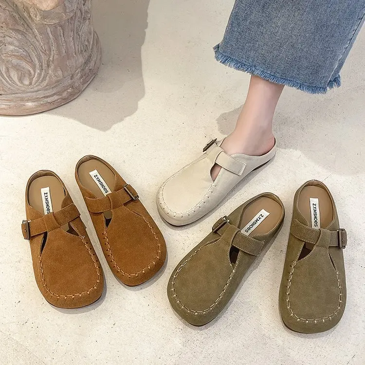 

Shoes Low Rubber Slippers Slides Mules For Women 2023 Pantofle Loafers Soft Flat New PU Retro Fabric Rome Casual Basic TPR Hoof