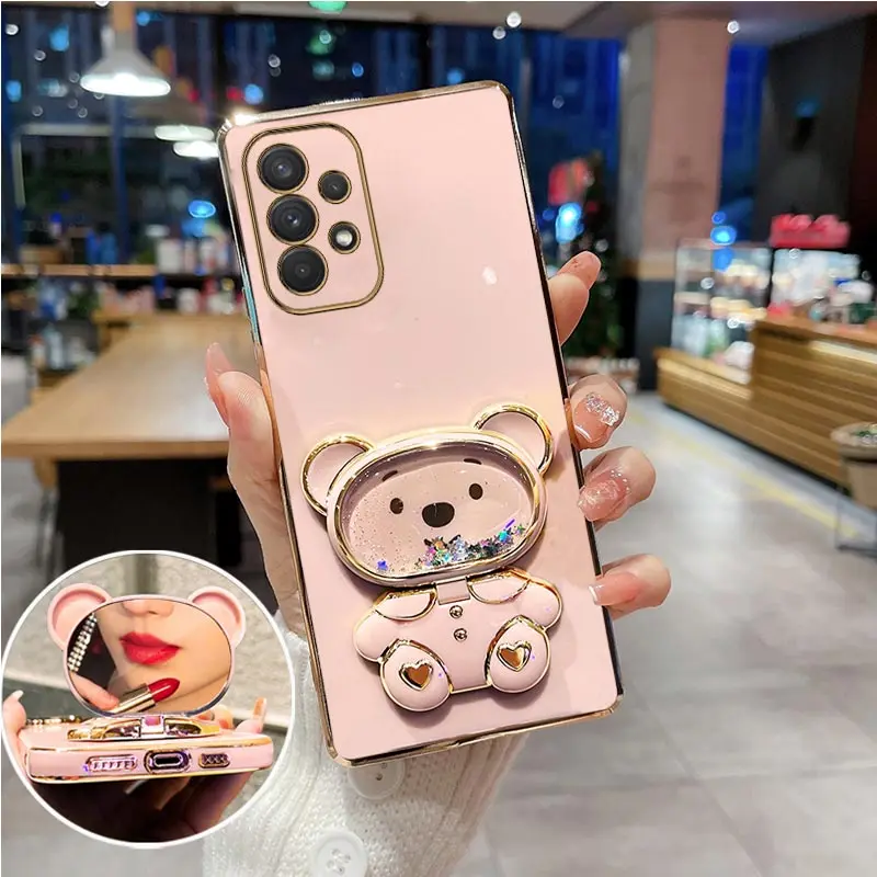 

Quicksand Mirror Bear Phone Holder Case On For Tecno Camon 20 18 15 16 19 Neo Spark GO 2023 2022 2020 10C 10 Pro bracket Cover