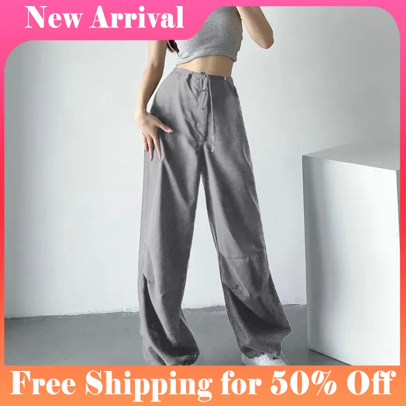 2023 Women Fashion Pants Casual Solid Low Waist Drawstring Baggy Trousers Female Vintage High Elastic Waist Cargo Pants