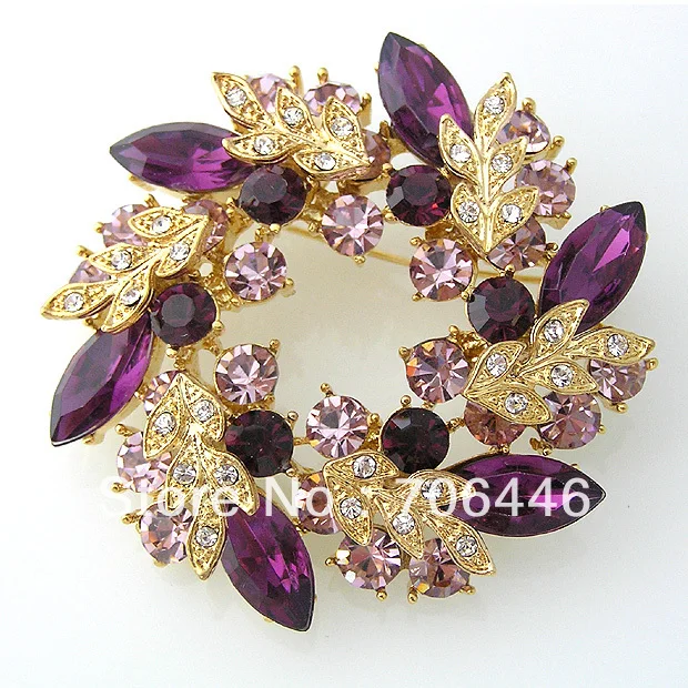 

Gold Tone Purple Rhinestone Crystal Wrealth Flower Bridal Pin Brooch