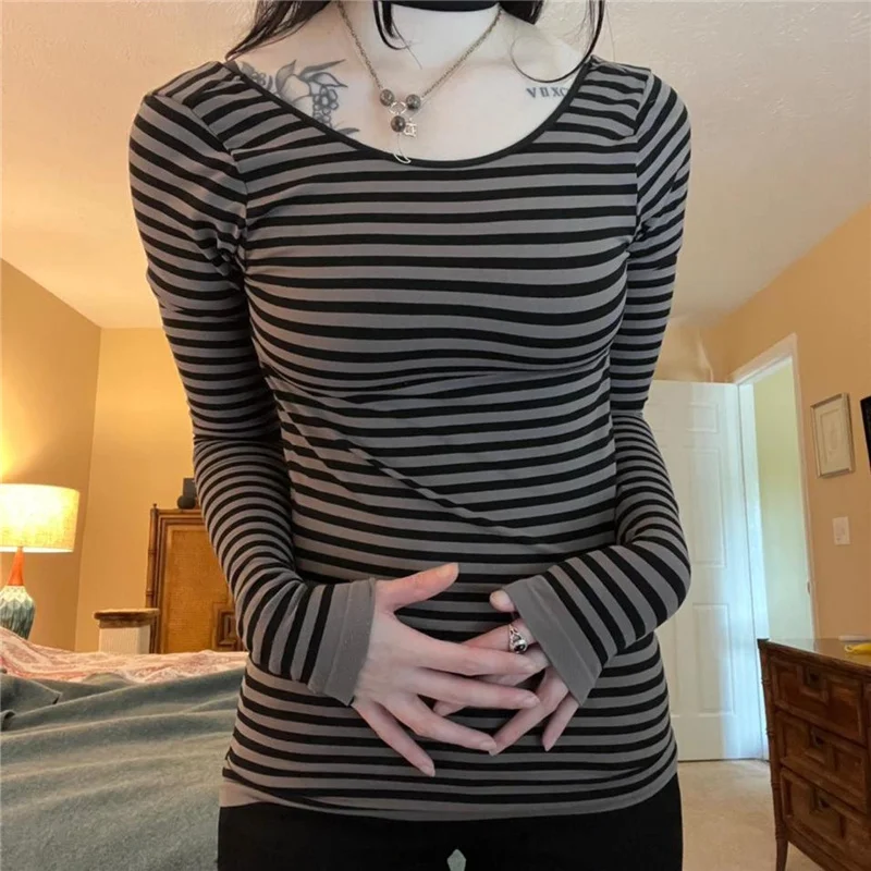 

y2k Grunge Top 2000s Aesthetic Women Striped Long Sleeve T Shirts Vintage Punk Gothic Clothes E Girl Tee Streetwear