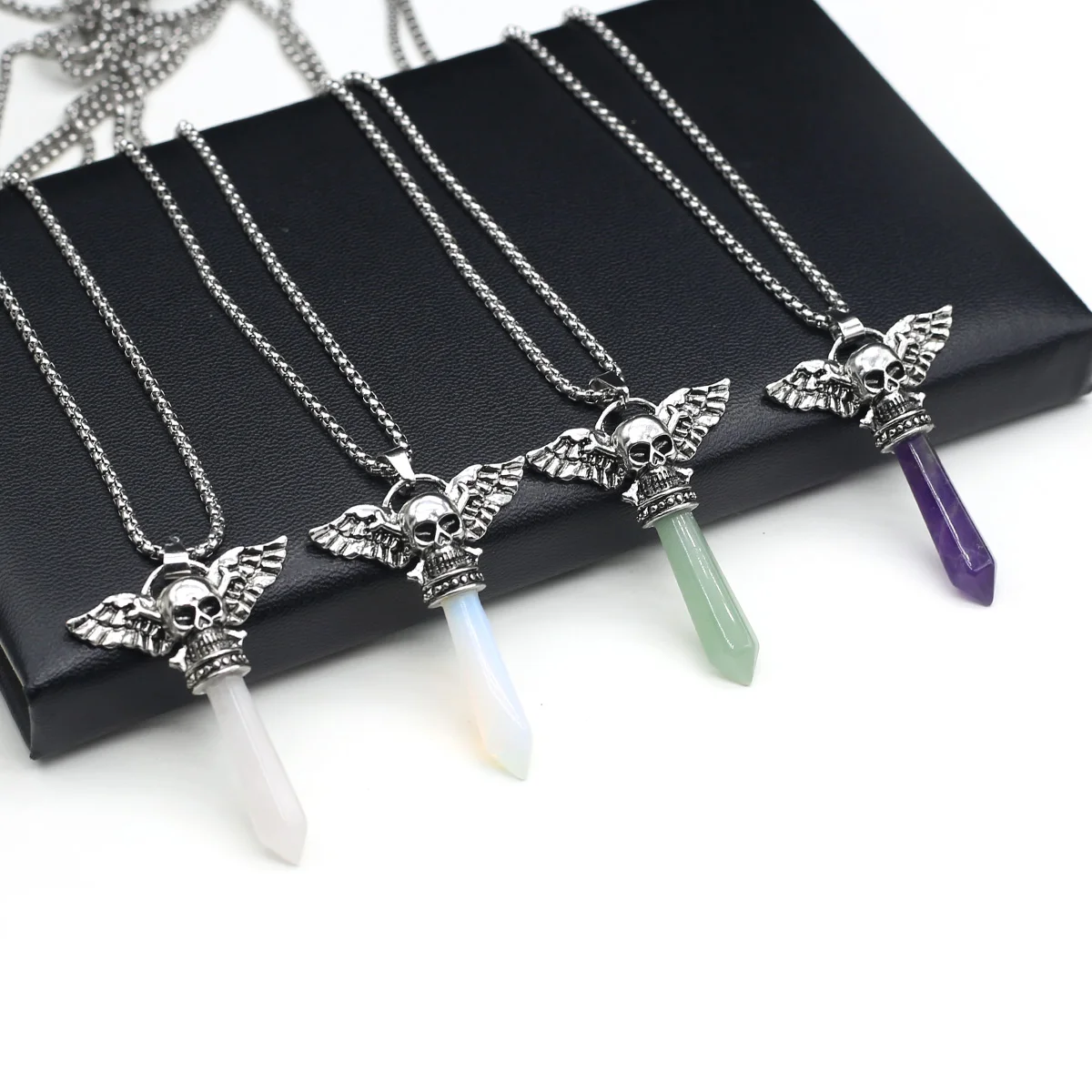 

Natural Stone Skull Hexagonal Prism Pendant Necklace Metal Chain Amethysts Jewelry for Making DIY Necklace Accessories Gifts