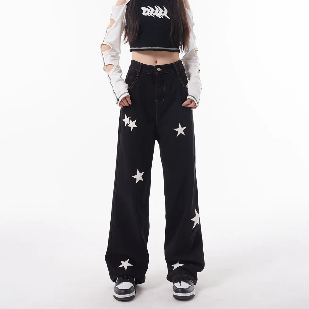 

Y2K Retro Streetwear Black Baggy Jeans Women Gothic Punk Vintage Stars Print Wide Leg Denim Panrts Female Autumn Trousers