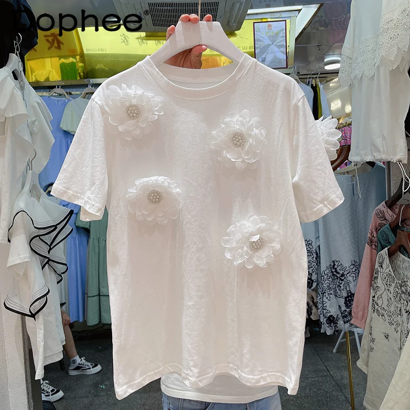 

Chic Beads Sweet 3D Flower White T-shirt Women Round Neck Pullover Short Sleeve Tshirt Loose Casual Top 2022 New Summer T Shirt