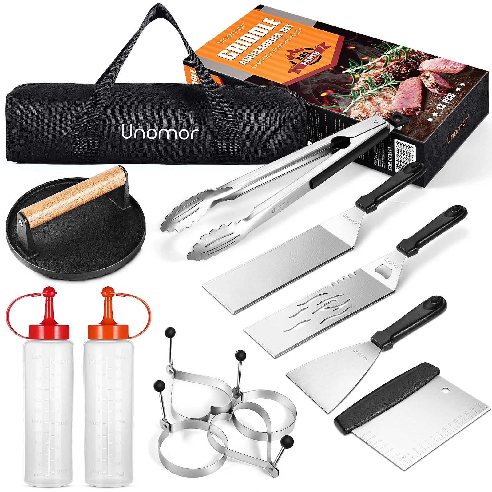 

UNOMOR 13pcs Griddle Accessories Set Complete Set Stainless Steel Professional Tools for Outdoor Cooking Camping