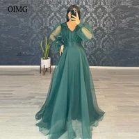 oimg green organza evening dresses 2020 puff long sleeves v neck floor length arabic women simple formal prom dress plus size