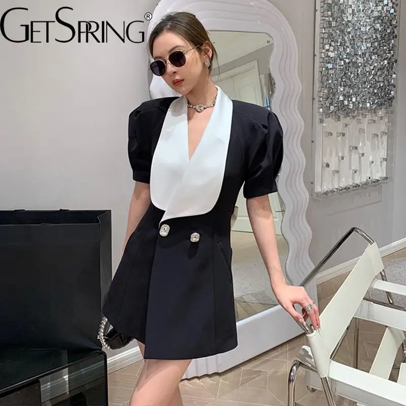 

GetSpring Women Dress Rhinestone Butterfly Backless Patchwork Puff Sleeve Hollow Out Sexy Black Mini Dress Slim Thin 2022 Autumn