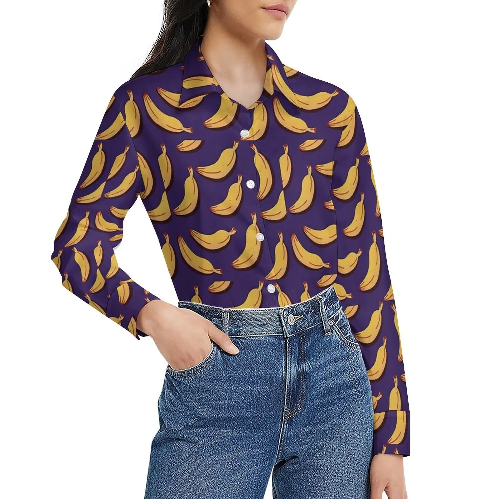 

Banana Print Blouse Yellow Purple Modern Custom Blouses Women Casual Shirts Summer Long-Sleeve Oversize Top