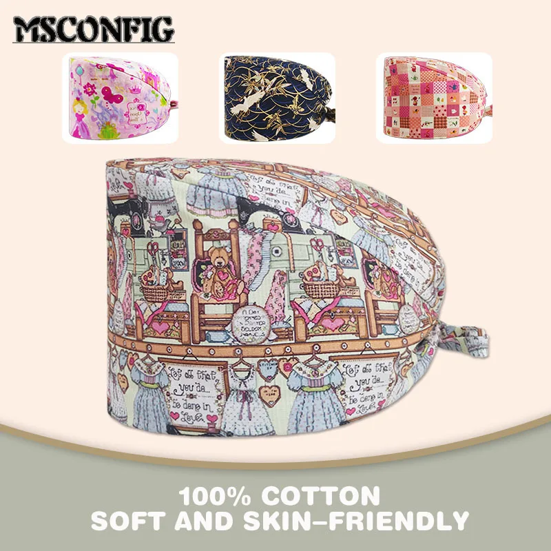 

Cute High Quality Cartoon Print Ladies Nurse Cap Surgical Cap Adjustable Veterinary Pet Shop Scrub Cap Cotton Dentist Work Cap