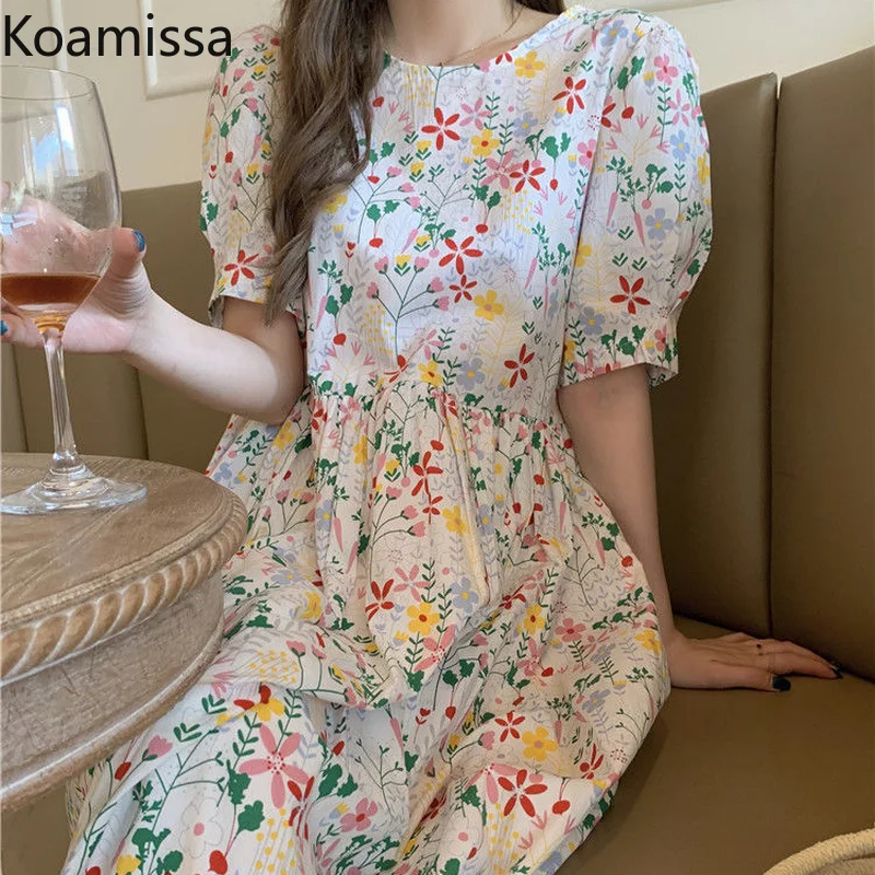 

Koamissa Women Summer Floral Dress Short Sleeves Female Slim A Line Vestidos Sweet Student Korean Chic Loose Dresses Ropa Mujer