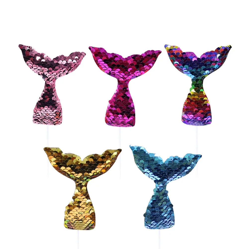 

5 pcs Sequin Marine Themed Mermaid Tail Novelty Cake Picks Party Supplies for Wedding