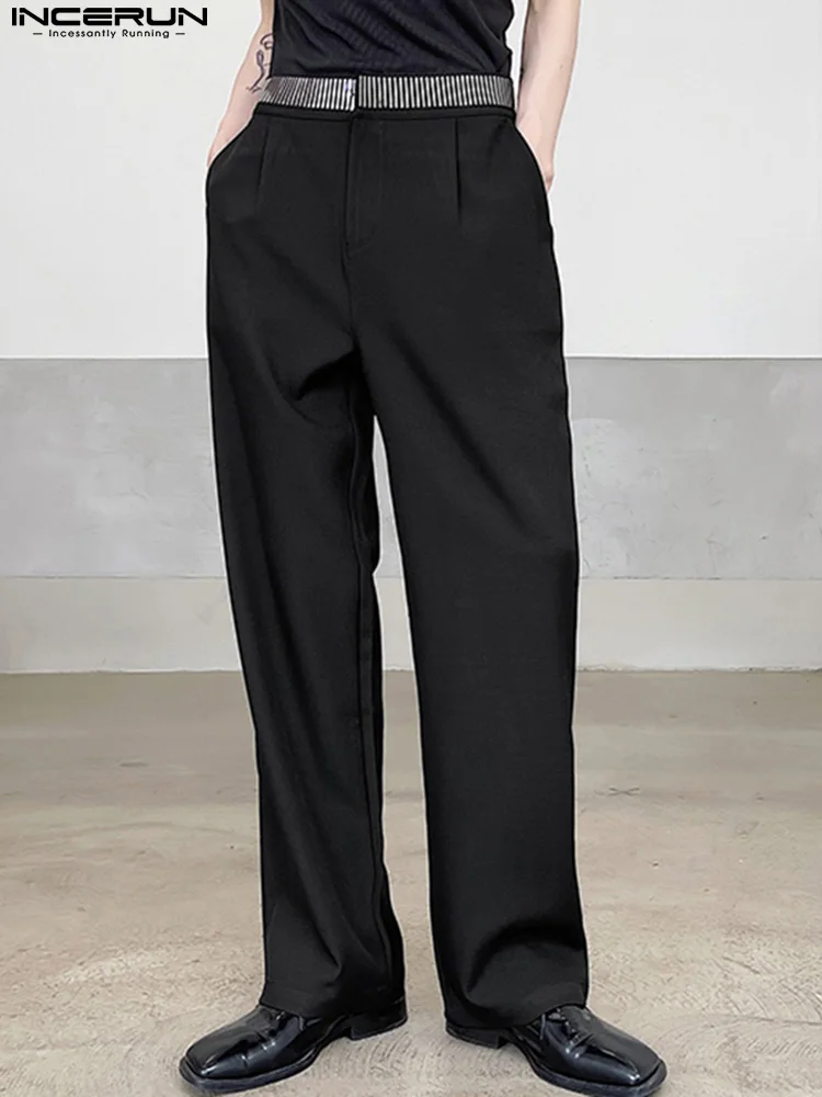 

INCERUN Fashion Men Casual Pants Shiny Patchwork Joggers Loose Straight Trousers Men 2022 Streetwear Korean Leisure Pants S-5XL