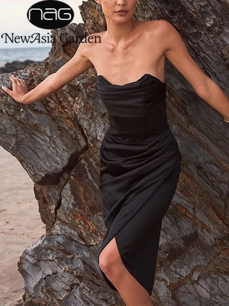 

Женское атласное платье-корсет без рукавов, с разрезом, на молнии, без бретелек, сексуальное элегантное Клубное платье