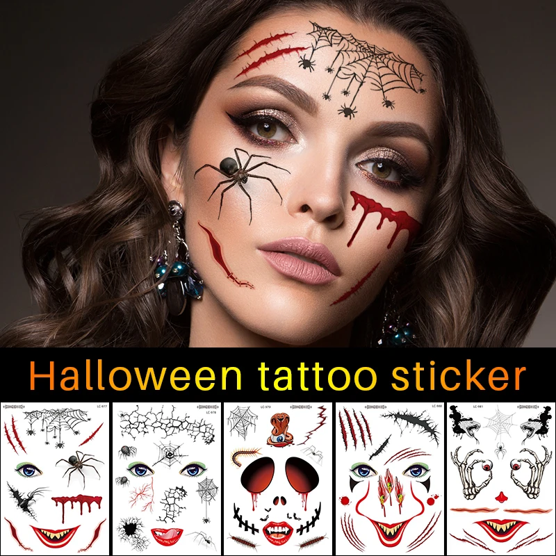 

2022 New Halloween Facial Funny Temporary Tattoo Waterproof Disposable Makeup Decoration Sticker School Party Party Supplies
