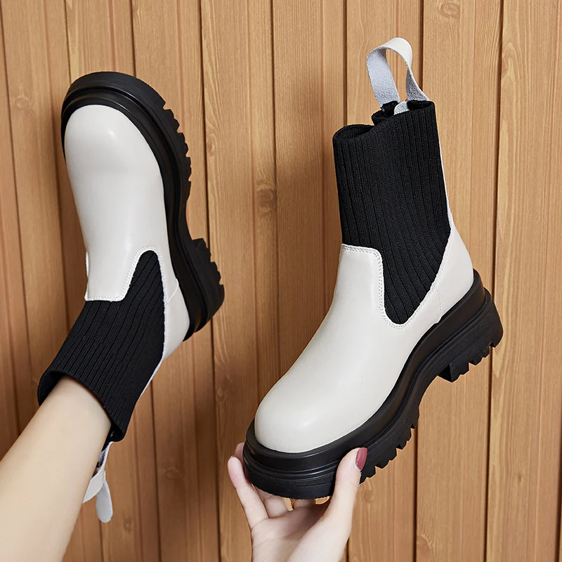 

2021 Winter Shoes Women Leather Ankle Boots Women Round Toe Thick Heel Women Shoes Solid Chelsea Boots Casual Women Boots