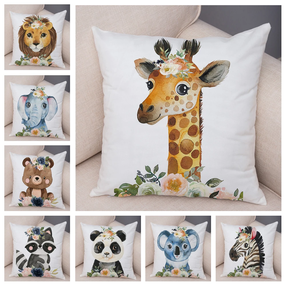 

Cute Animal Cushion Cover for Sofa Decor Watercolor Zebra Giraffe Pillow Case Nordic Lion Rabbit Soft Plush Pillowcase 45x45cm
