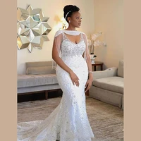 african white straps mermaid wedding dresses appliques lace beaded crystals cape sleeve bridal gowns plus size vestidos de novia
