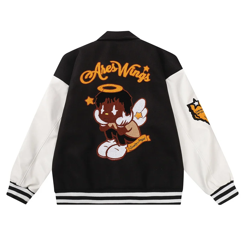 

Harajuku Baseball Jacket Oversized Streetwear Letter Angel Embroidery Patchwork Hip Hop Varsity Coat Vintage College Jackets