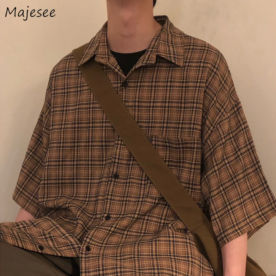 

Shirts Men Retro Popular Stylish Handsome Plaid All-match College Japanese Male Teens Harajuku Clothes Streetwear Gentle Casual