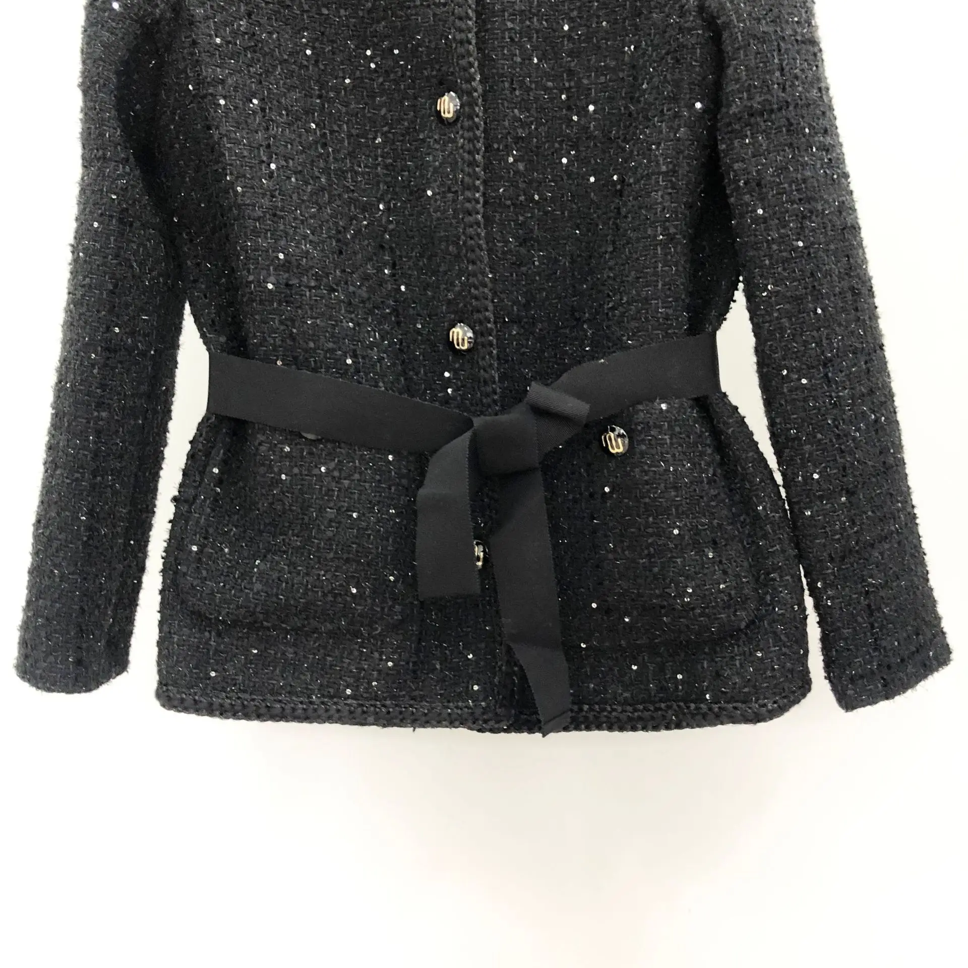 

Women Jacket Tweed O-Neck Sequins Waist Lace-up Single Breasted Coat