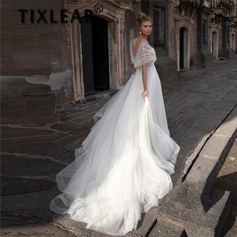 

Женские свадебные платья TIXLEAR, сексуальное кружевное платье в стиле бохо, атласная Кепка с рукавами, платье невесты на бретелях с открытой спиной, ТРАПЕЦИЕВИДНОЕ ПЛАТЬЕ, 2023