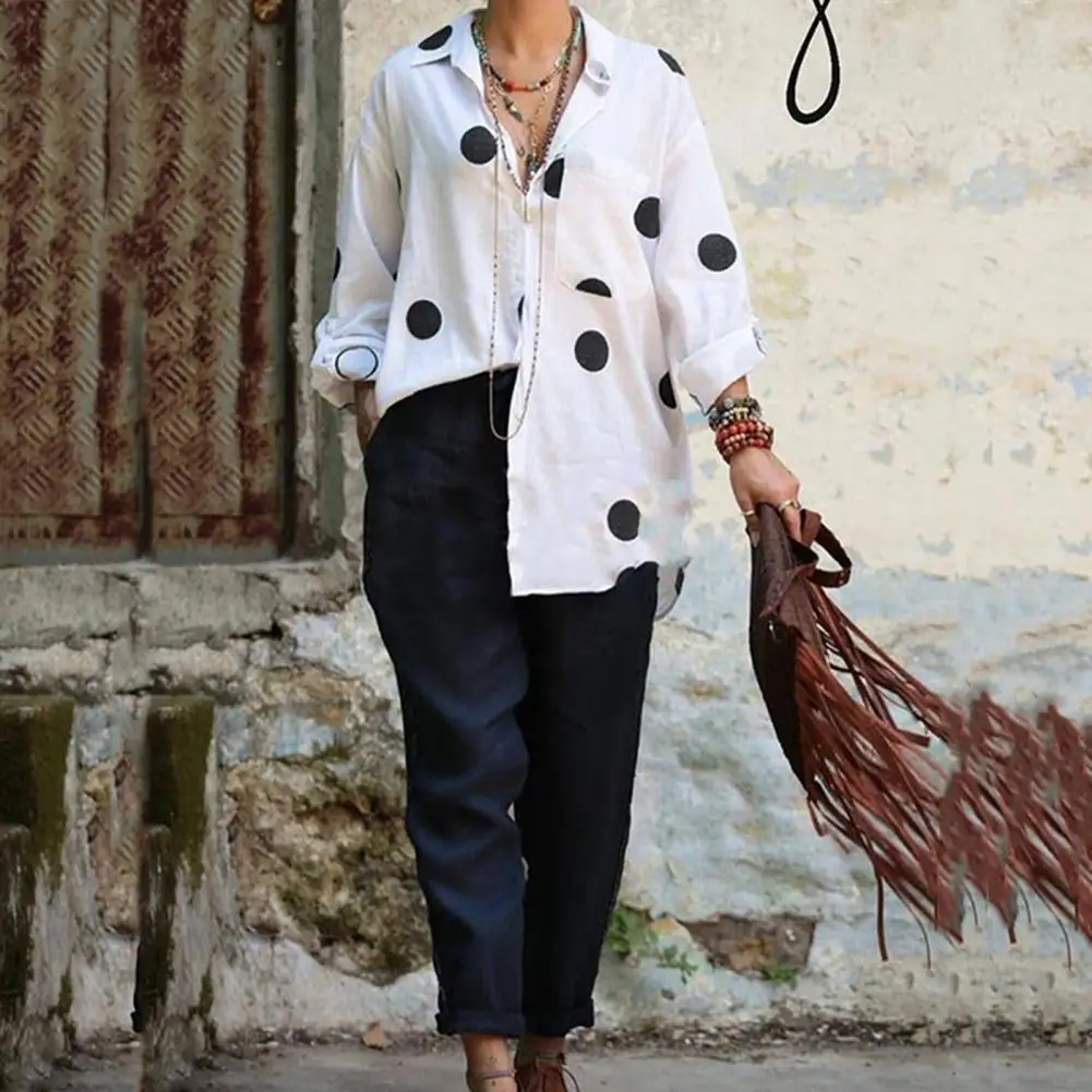 

2 Pcs/Set Women Tops Pants Set Contrast Colors Plus Size Turn-down Collar Fall Blouse Trousers Suit for Home