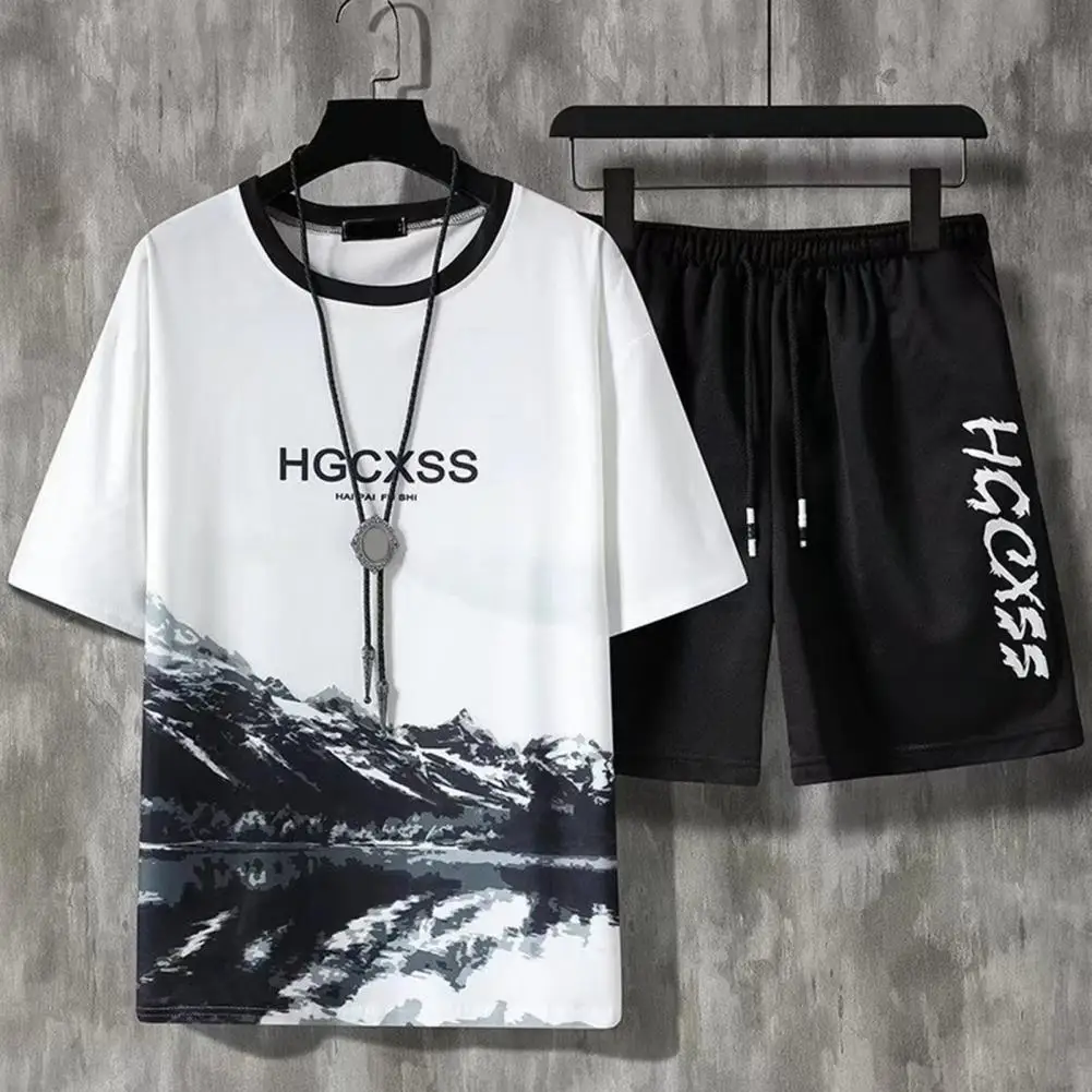 

Men Shorts Round Neck Tie-dye Top Shorts Suit Sweat Soft Dress-up Washable Men Shirt With Drawstring Shorts Set For Men