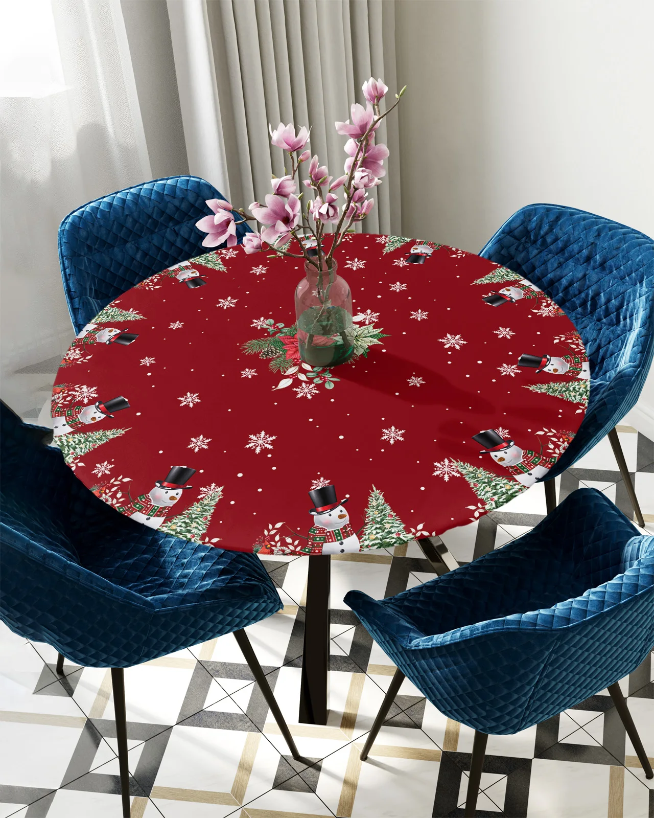 

Christmas Tablecloth Poinsettia Snowman Round Table Cover Kitchen Waterproof Tablecloth Christmas Table Decor Elastic Tablecloth