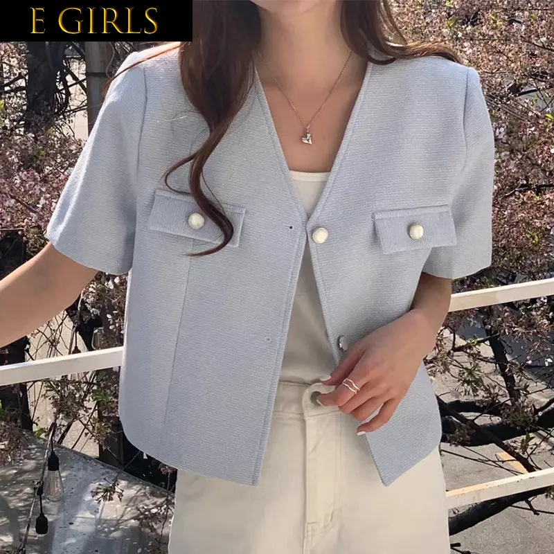 

E GIRLS French Temperament V-neck Chic Women Jacket Pearl Buckle Design Simple Tops 2023 Summer Short Small Fragrant Tweed Coat