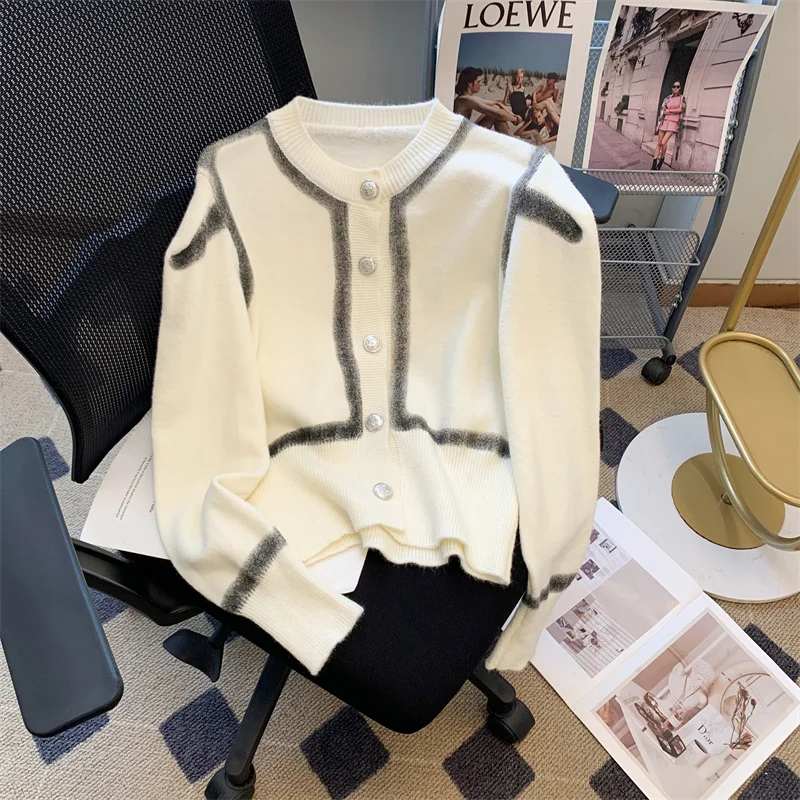 

Модный Элегантный однобортный вязаный кардиган для женщин на осень и зиму, новый свободный свитер с круглым вырезом и длинным рукавом