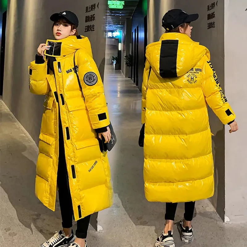 2022 Winter New Fashion Down Padded Jacket Women's Mid-Length Hooded Loose Shiny Coat Thick Warm Candy Color Parkas Female